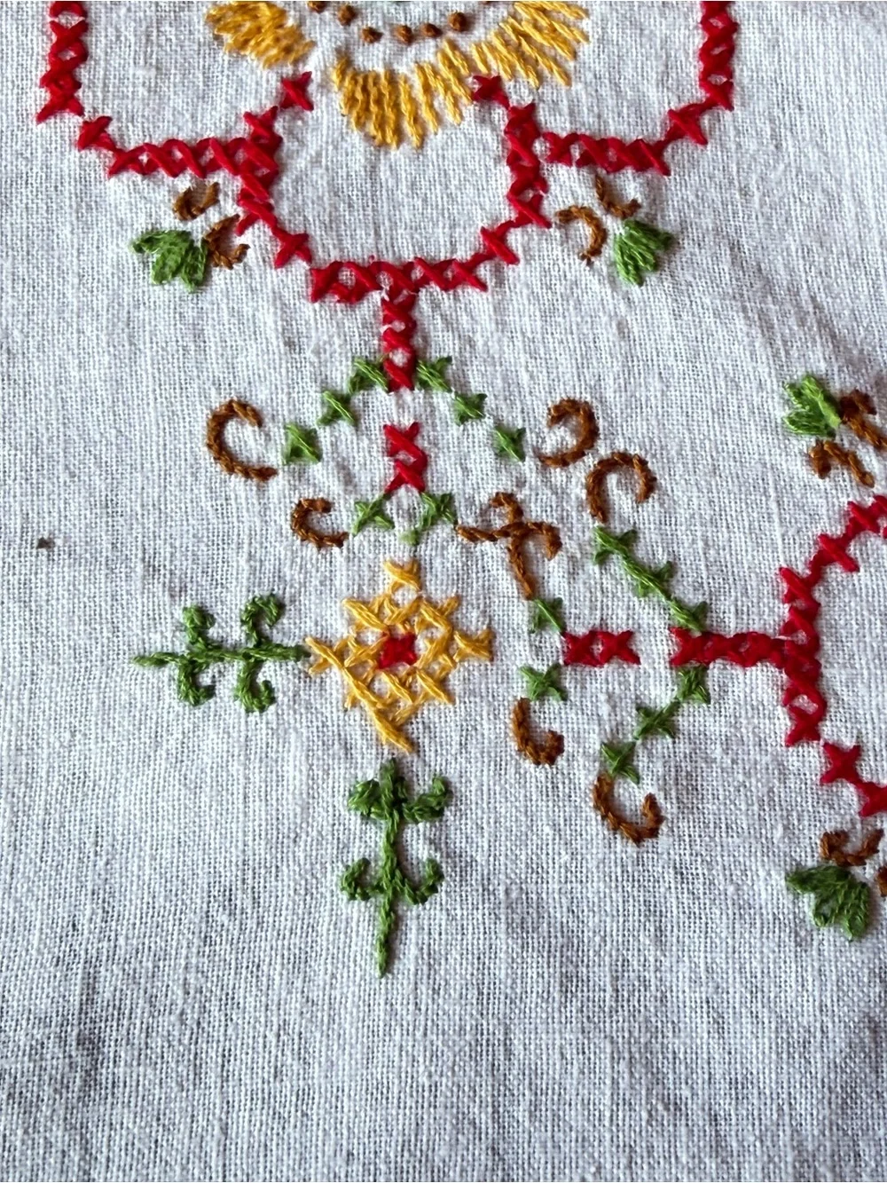 Vintage Hand Embroidered Linen Table Topper 37” Square Floral Cottagecore